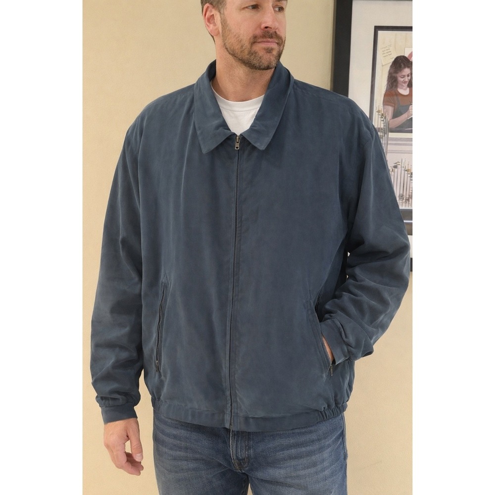 Bobby Chan Mens Blue 100% Silk Full Zip‎ Bomber Jacket Large Lightweight Luxe